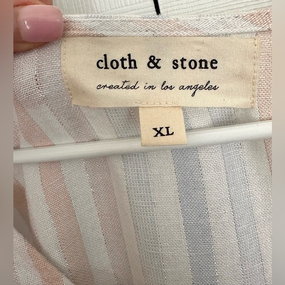 Cloth & Stone Anthropologie Linen Blend Sparkle Striped Top Tie Sleeve-V Neck-XL - Picture 2 of 10